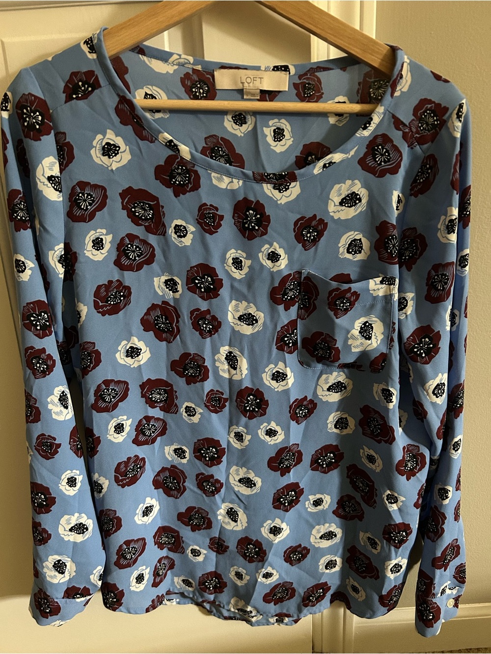 LOFT Light Blue Floral Long Sleeve Pocket Blouse